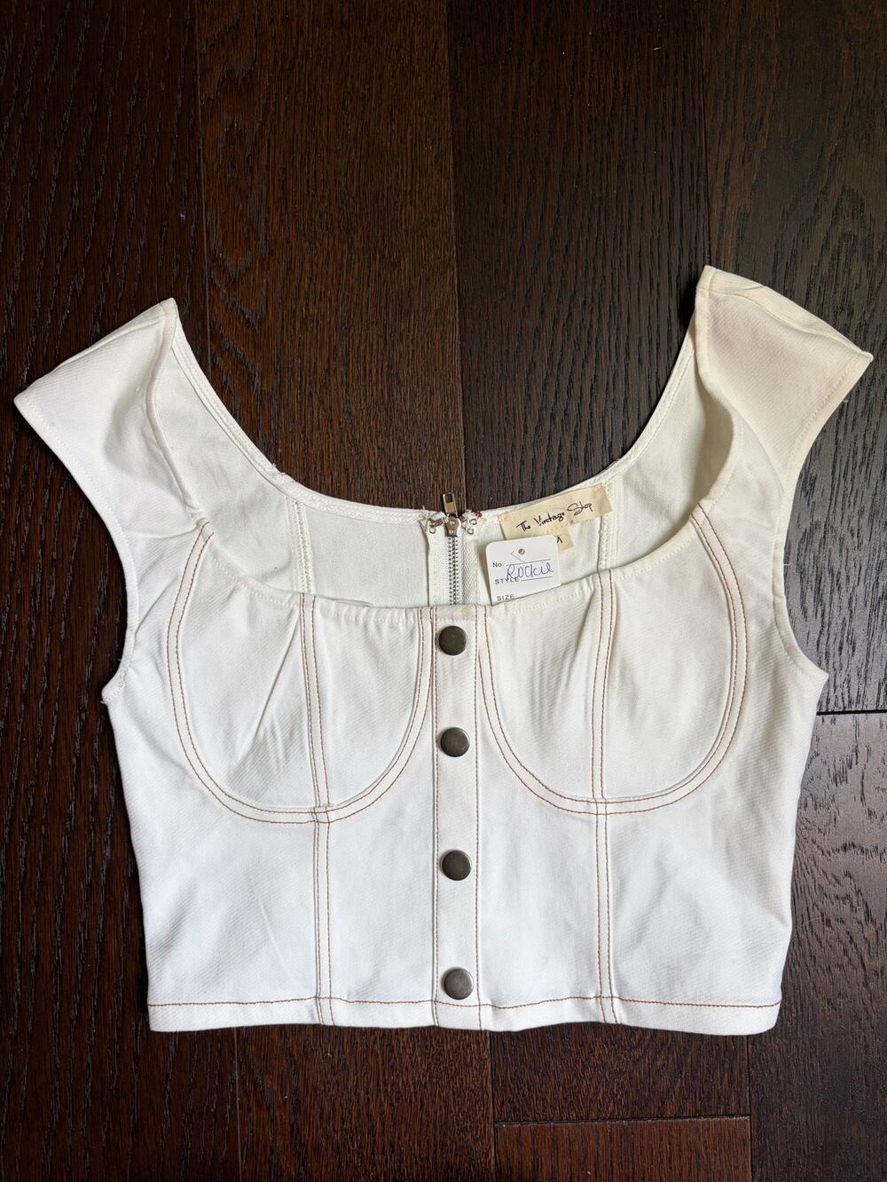 The Vintage Shop Cap Sleeve Faux Button Down Crop Top (Ivory) - M